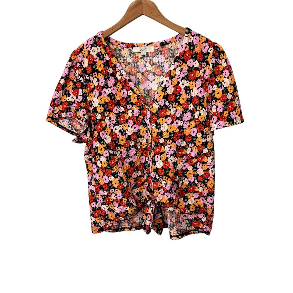 Loft Women’s Short Flutter Sleeve Shirt Floral Multicolor Button Up Tie Front